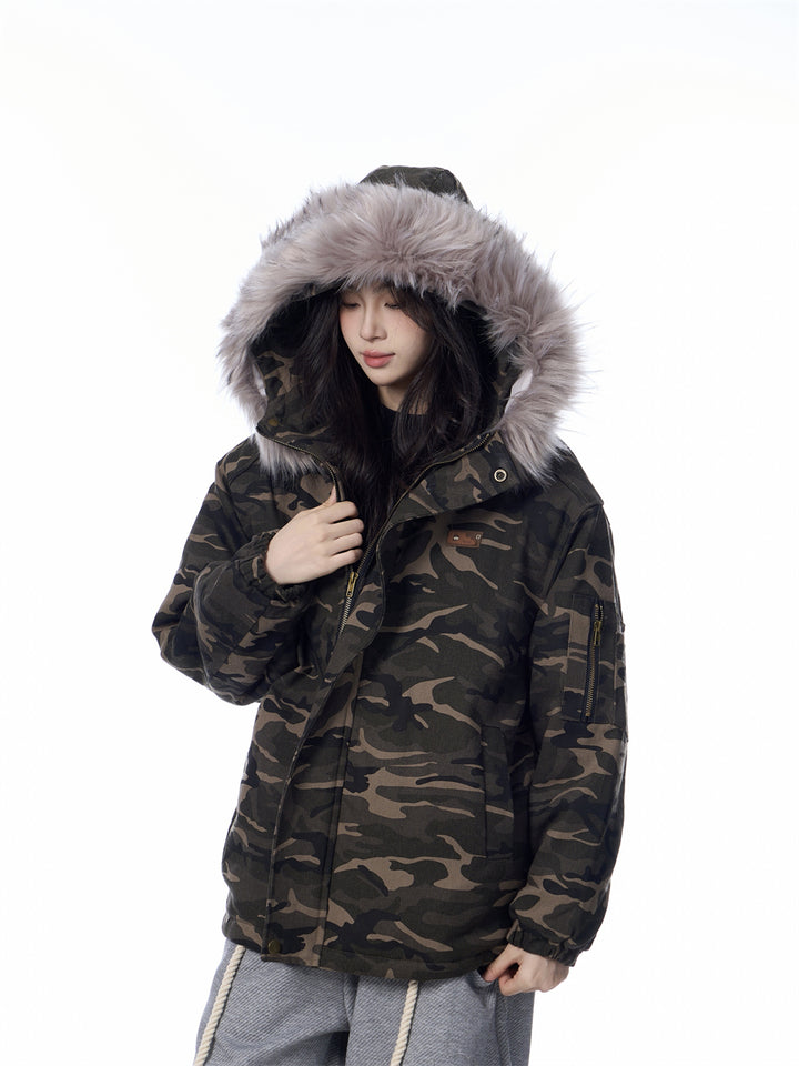 GKIKZ MOUNTAIN CARVING FUR COLLAR JACKET