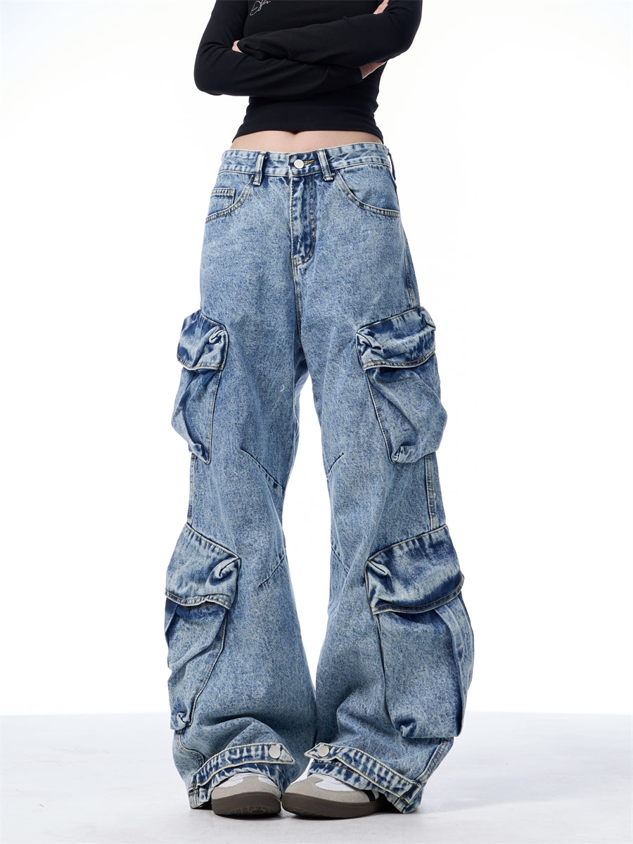 Multi-Pocket Heavy Denim Wide-Leg Pants