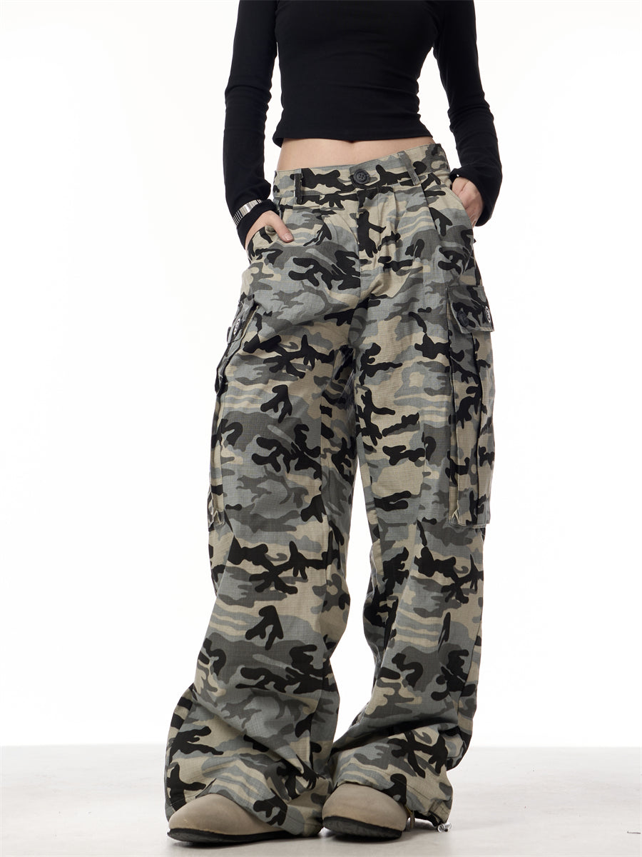 GKIKZ CAMOUFLAGE BIG POCKET LOOSE WIDE-LEG PANTS