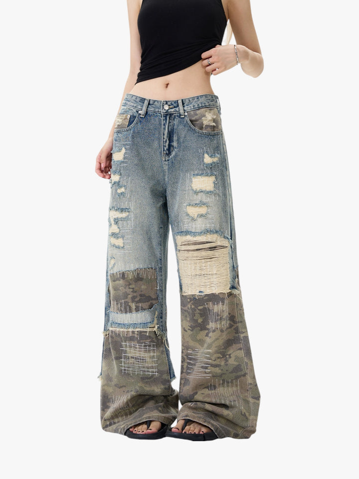 GKIKZ MIX&MATCH CAMOUFLAGE RETRO DISTRESSED BAGGY JEANS