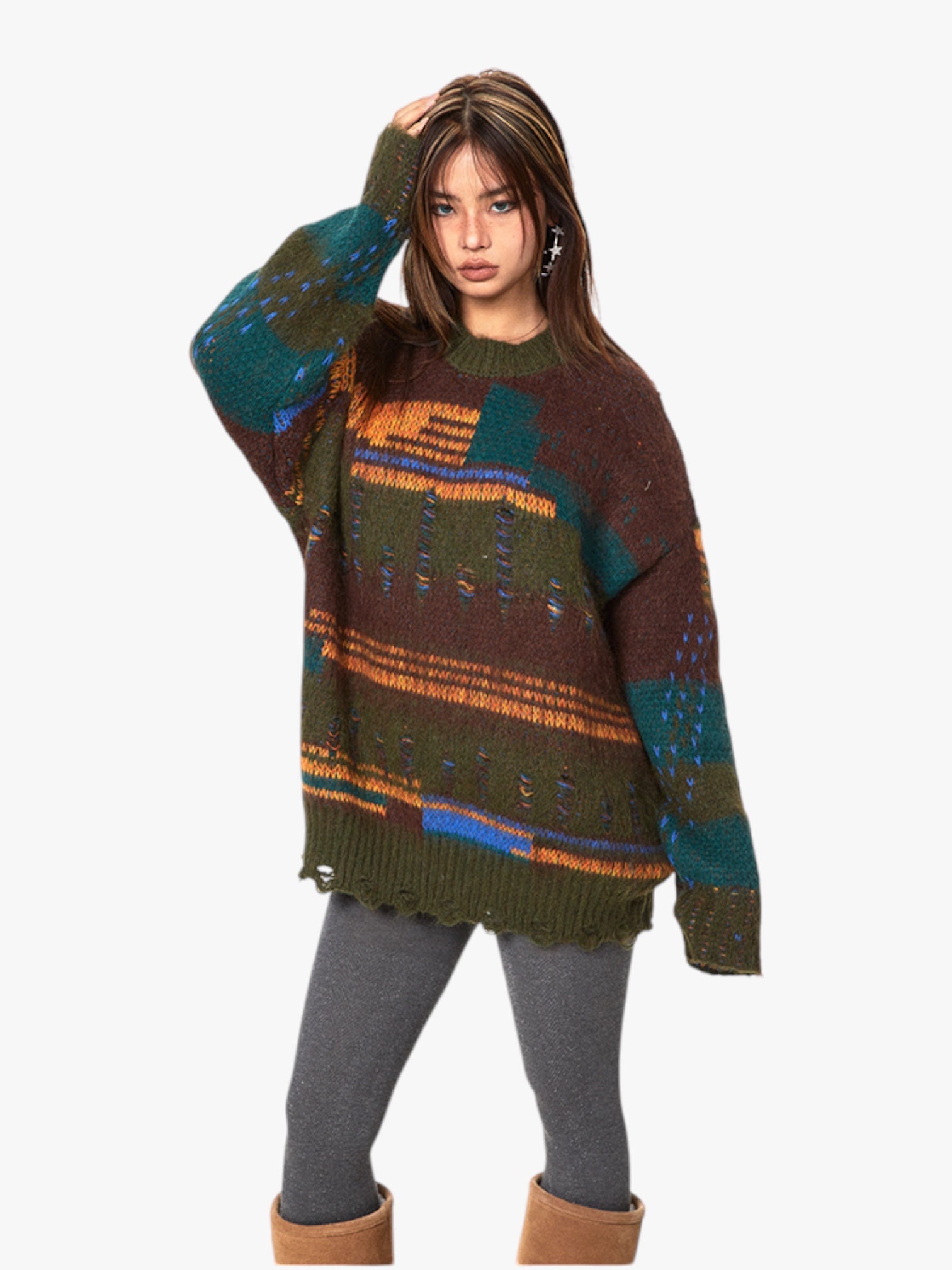 GKIKZ RETRO DISTRESSED CONTRAST OVERSIZED SWEATER