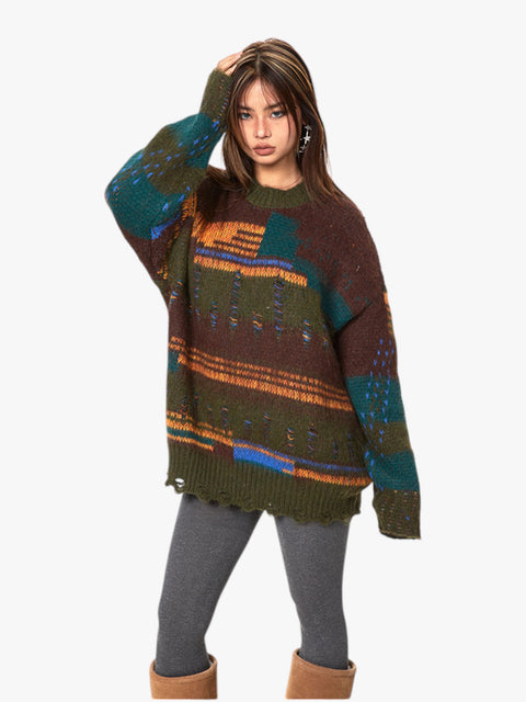 GKIKZ RETRO DISTRESSED CONTRAST OVERSIZED SWEATER