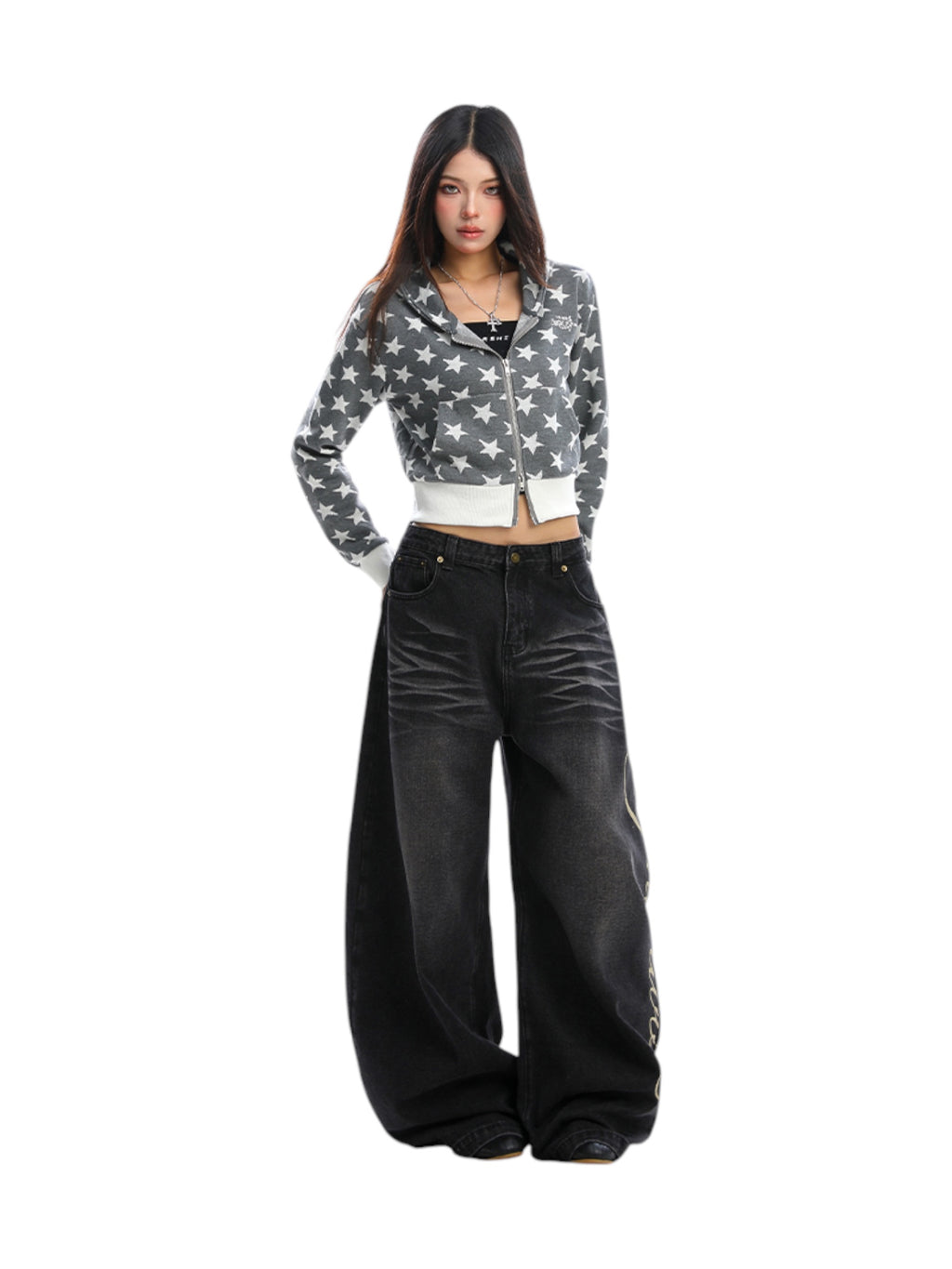 Star Print Cropped Hoodie Zip-Up