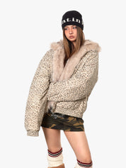 GKIKZ LUXURIOUS LEOPARD PRINT FAUX FUR HOODED JACKET