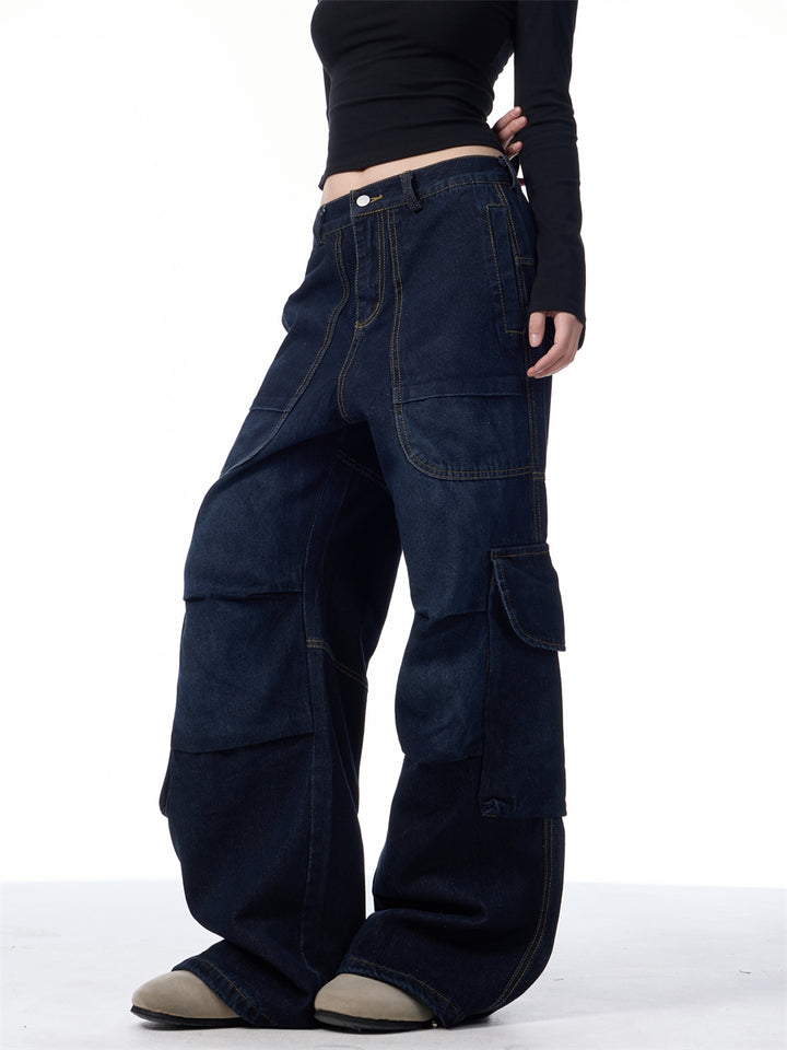 GKIKZ SYMMETRIC PLEATED WORKWEAR MULTI-POCKET BAGGY PANTS
