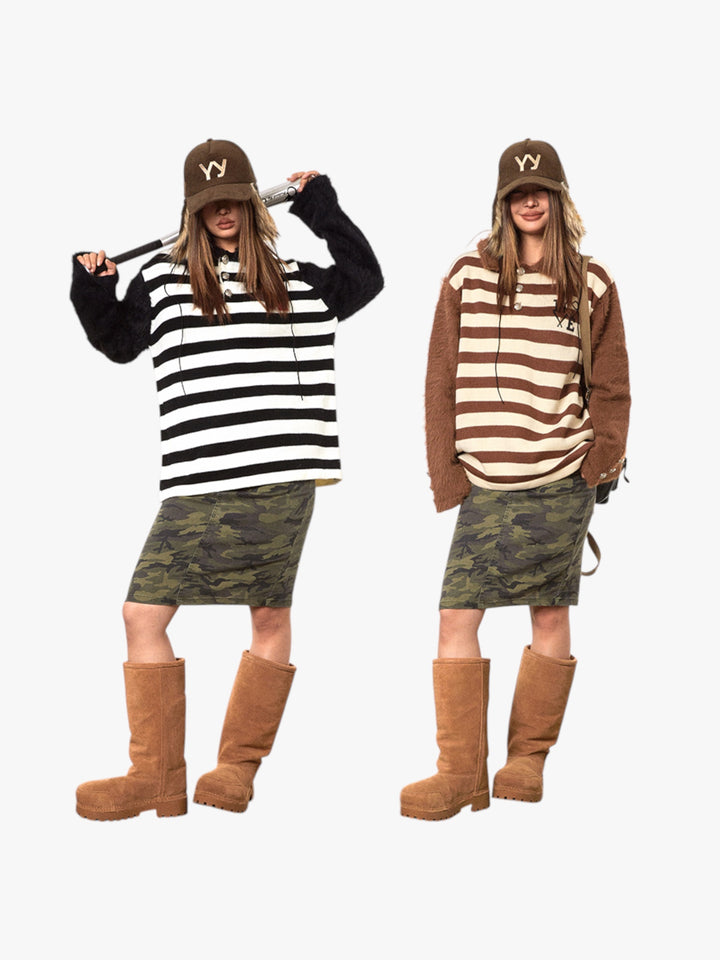 GKIKZ RETRO CONTRAST RAGLAN STRIPED POLO COLLAR SWEATER