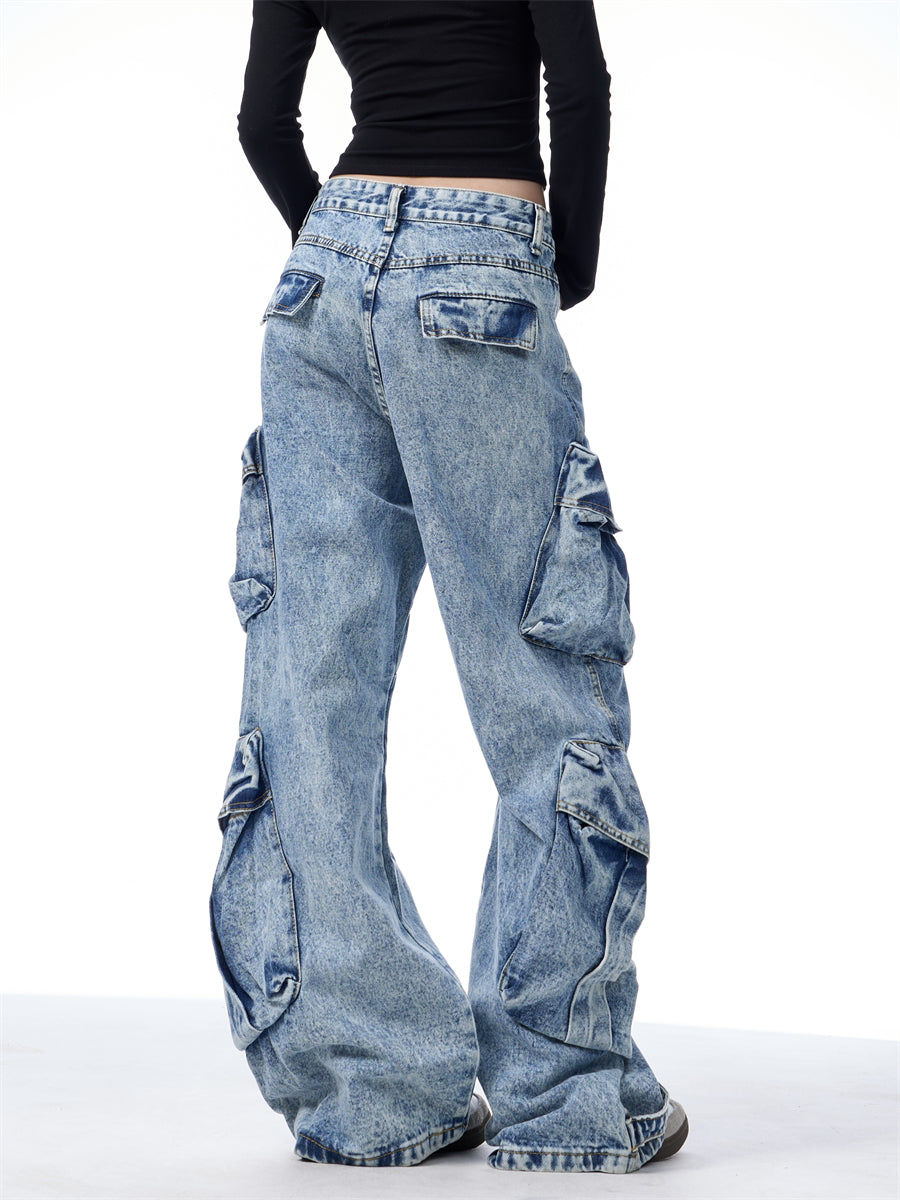 Multi-Pocket Heavy Denim Wide-Leg Pants