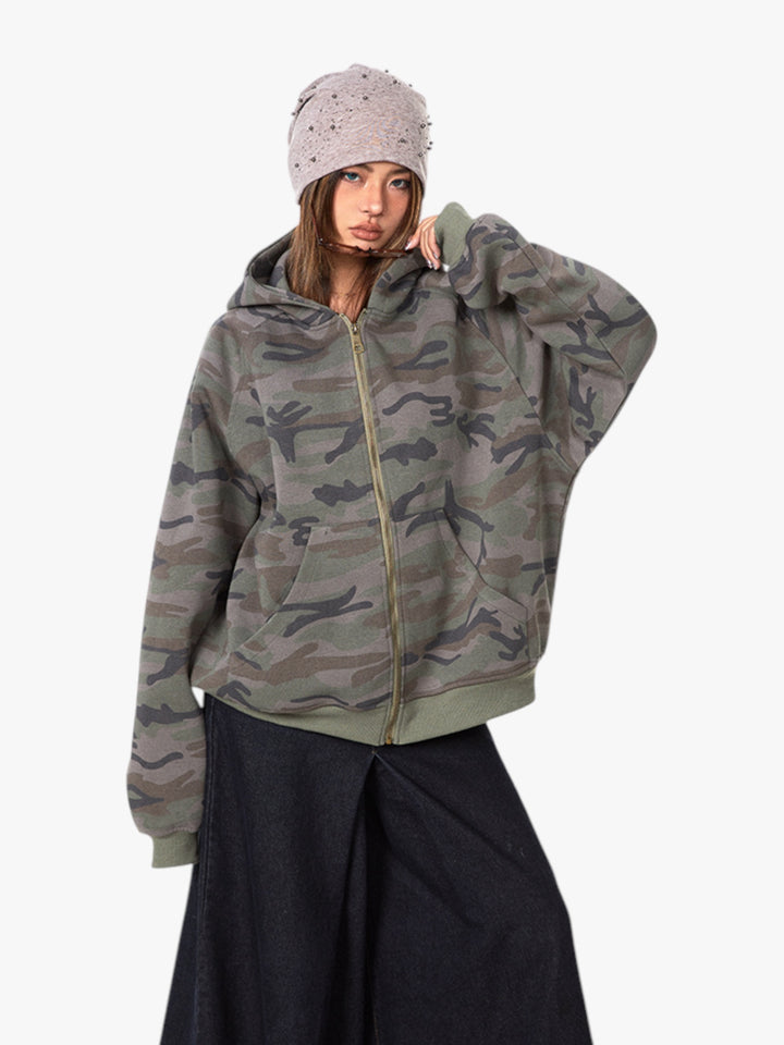 GKIKZ RETRO CAMOUFLAGE LOOSE ZIPPER CARDIGAN