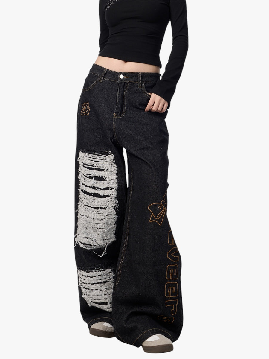 GKIKZ SEVEERS EMBROIDERED LOOSE WIDE-LEG JEANS