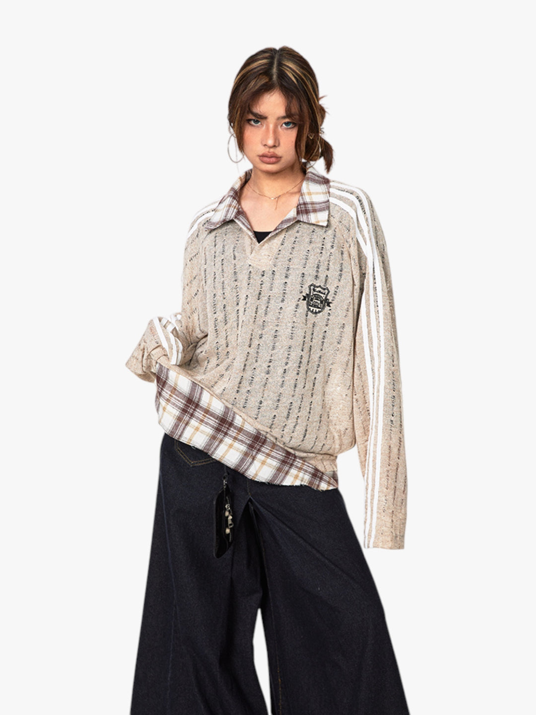 GKIKZ VINTAGE STRIPE STITCHING CONTRAST SLIGHTLY TRANSPARENT MULTI-LAYERED TEES