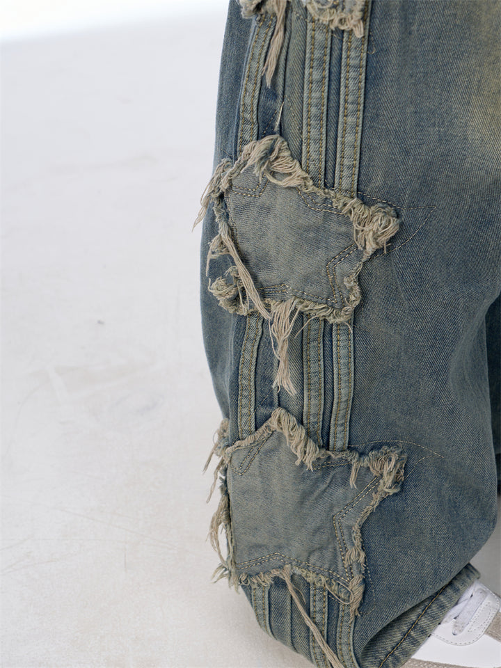 GKIKZ TRI-STAR DISTRESSED WIDE-LEG MOPPING JEANS