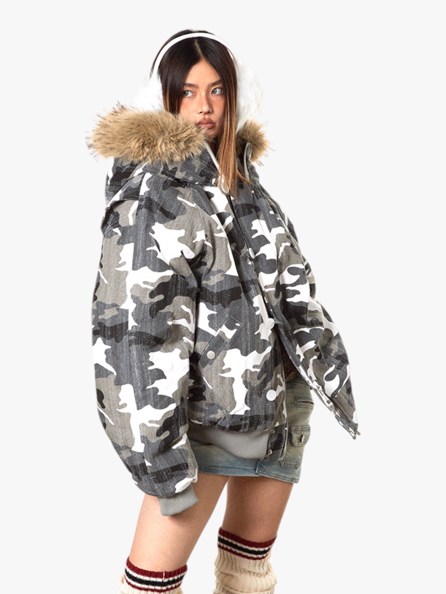 GKIKZ LUXURIOUS WHITE CAMOUFLAGE PRINT FAUX FUR HOODED JACKET