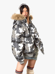 GKIKZ LUXURIOUS WHITE CAMOUFLAGE PRINT FAUX FUR HOODED JACKET