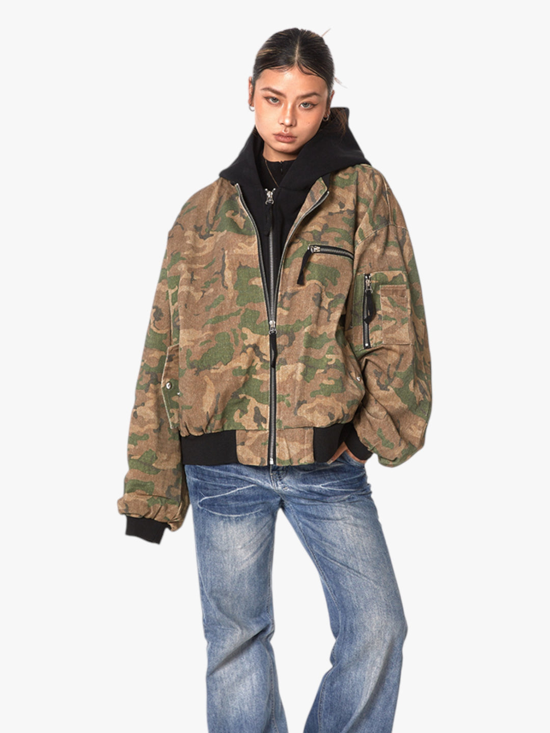 GKIKZ FAKE INNER-HOODIE CAMOUFLAGE LOOSE JACKET