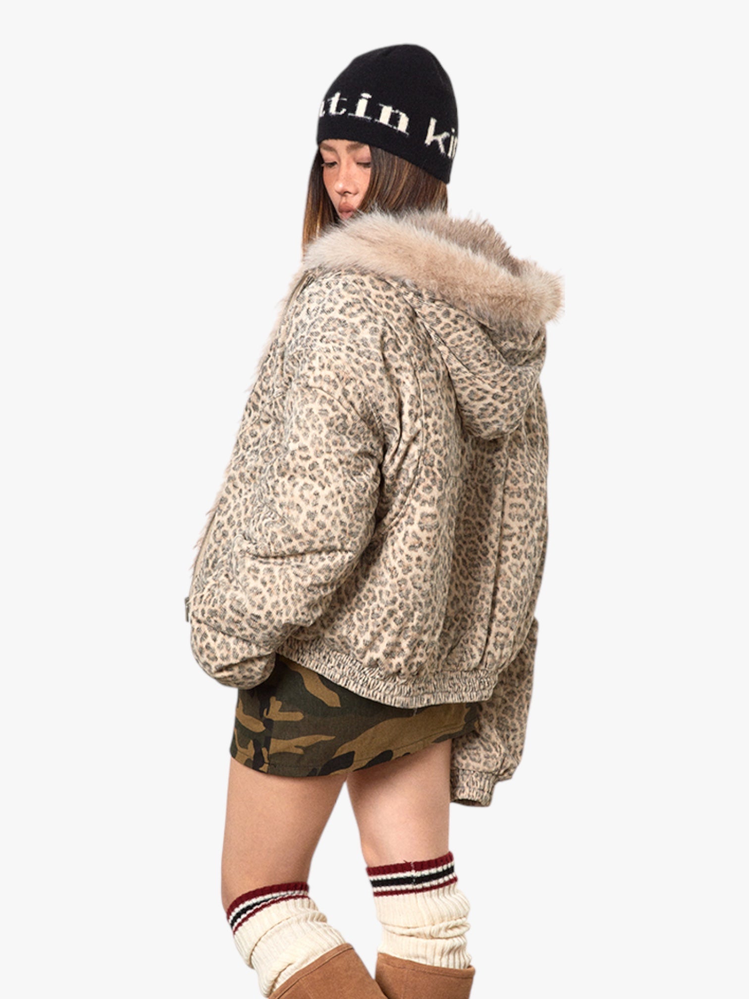 GKIKZ LUXURIOUS LEOPARD PRINT FAUX FUR HOODED JACKET