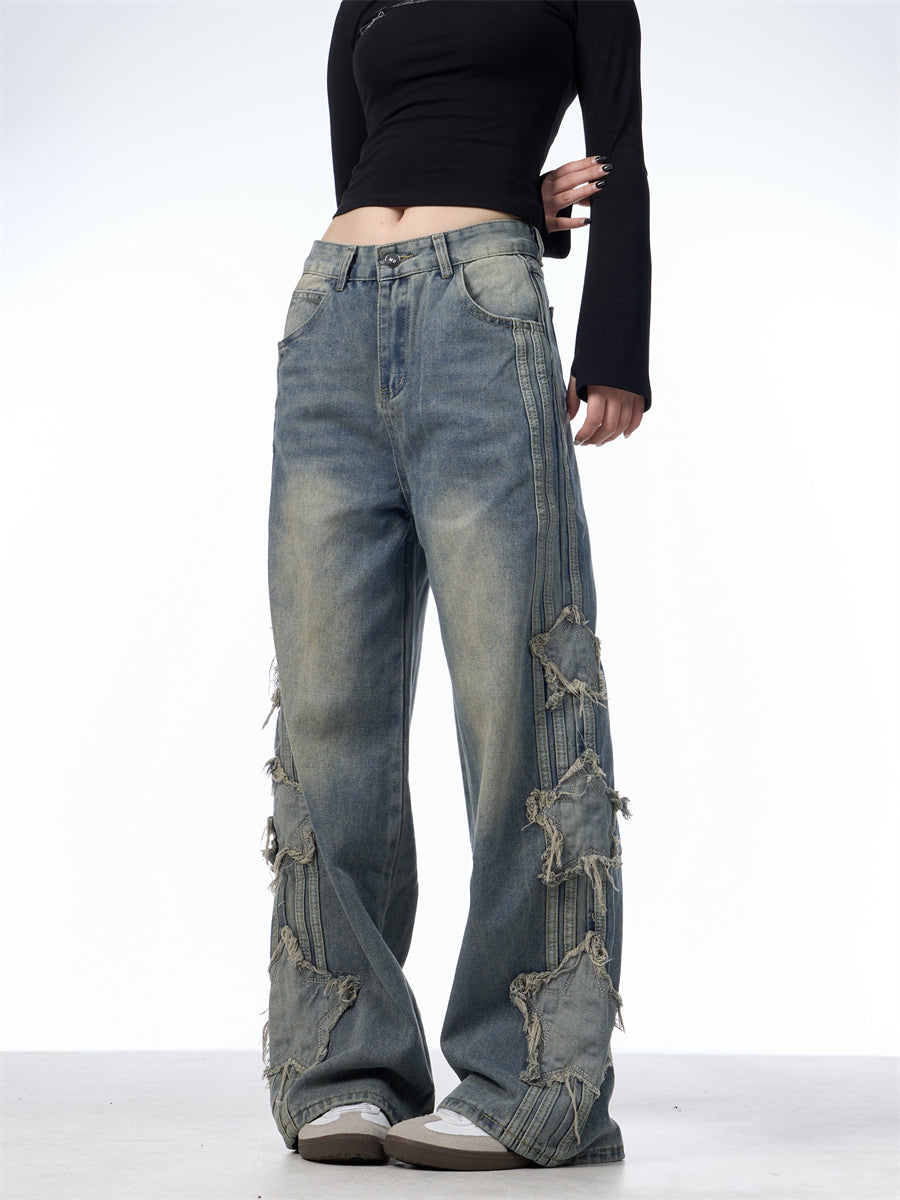 GKIKZ TRI-STAR DISTRESSED WIDE-LEG MOPPING JEANS