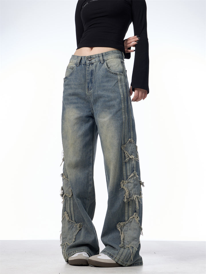 GKIKZ TRI-STAR DISTRESSED WIDE-LEG MOPPING JEANS