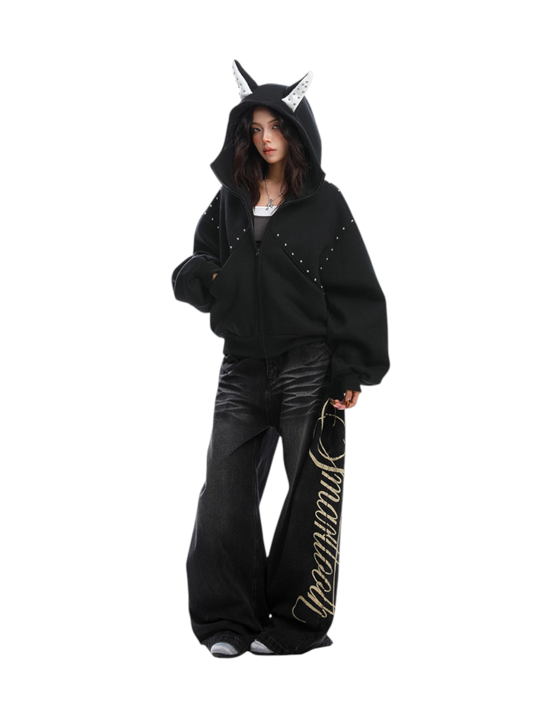 GKIKZ STUDDED DEVIL HORN HOODIE - PREMIUM COTTON ZIP-UP
