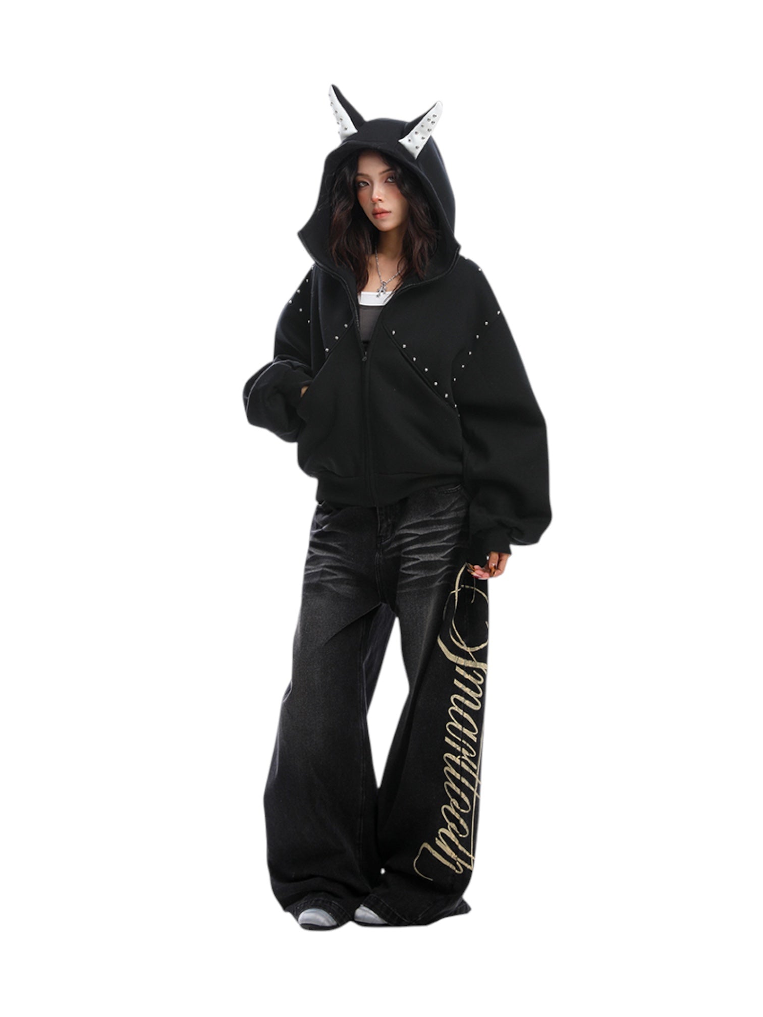 Studded Devil Horn Hoodie - Premium Cotton Zip-Up