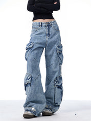 GKIKZ MULTI-POCKET HEAVY DENIM WIDE-LEG PANTS