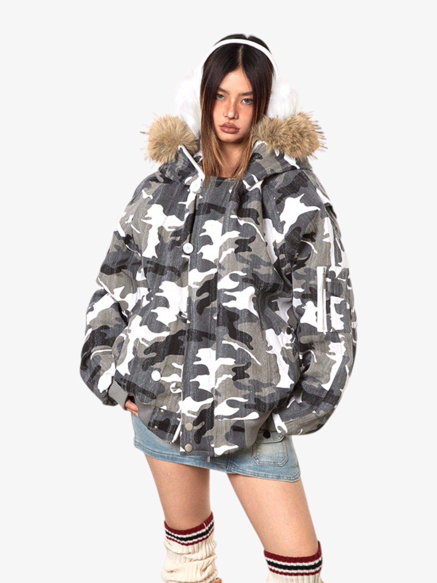 GKIKZ LUXURIOUS WHITE CAMOUFLAGE PRINT FAUX FUR HOODED JACKET