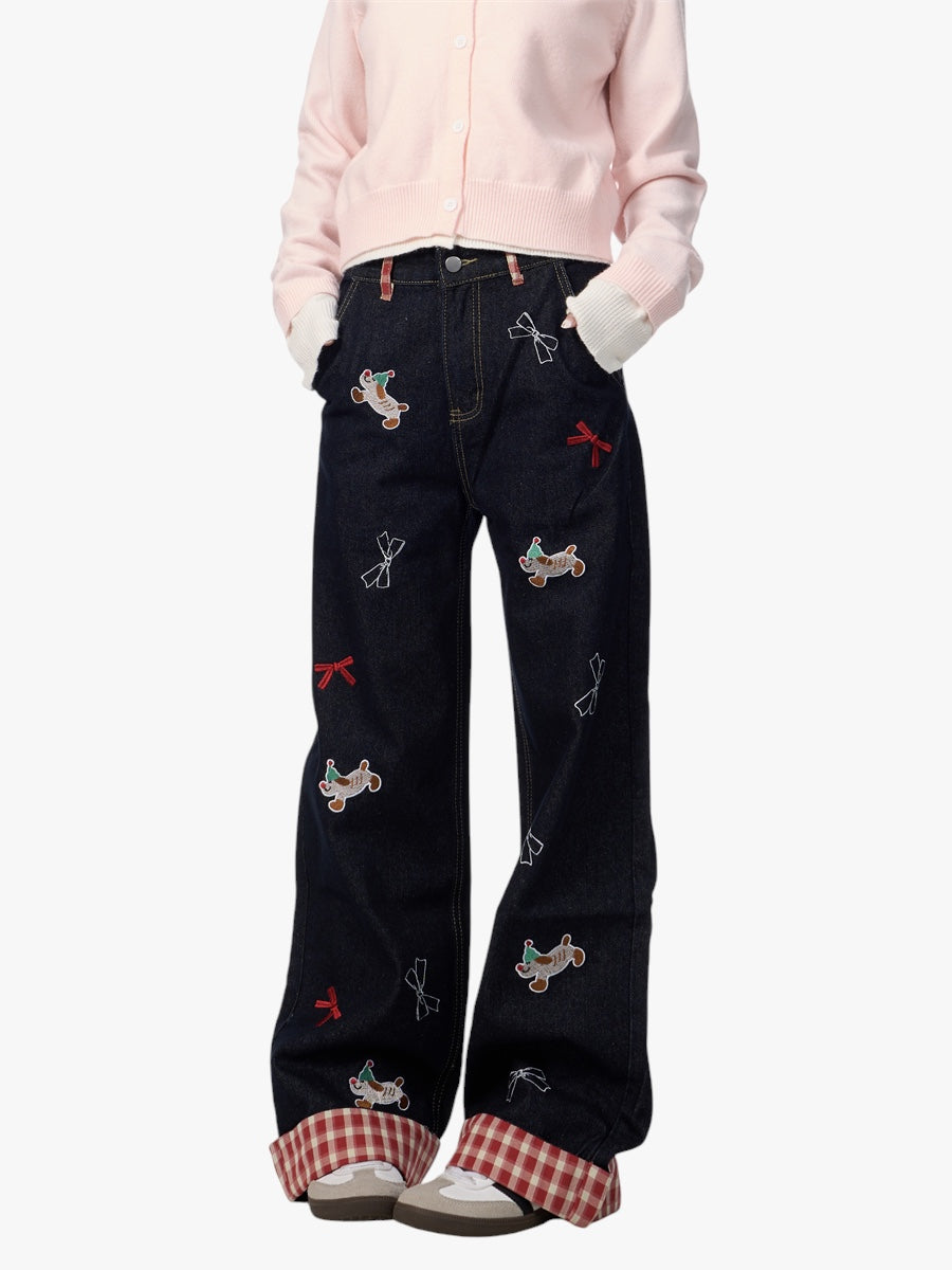 GKIKZ PLAYFUL DACHSHUND BOW WIDE-LEG HIGH WAIST JEANS