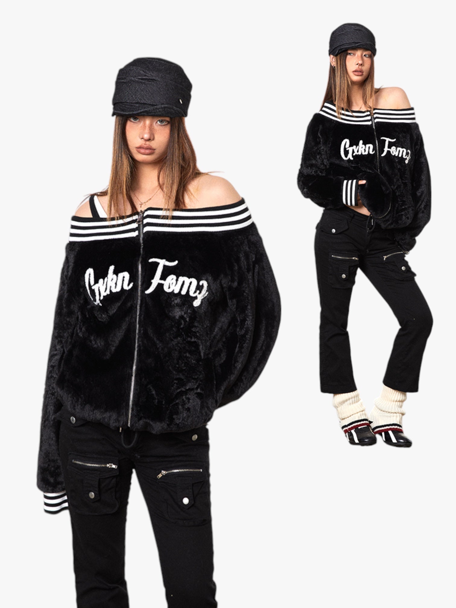 GKIKZ VELVET OFF-SHOULDER STRIPED COLLAR BOMBER JACKET