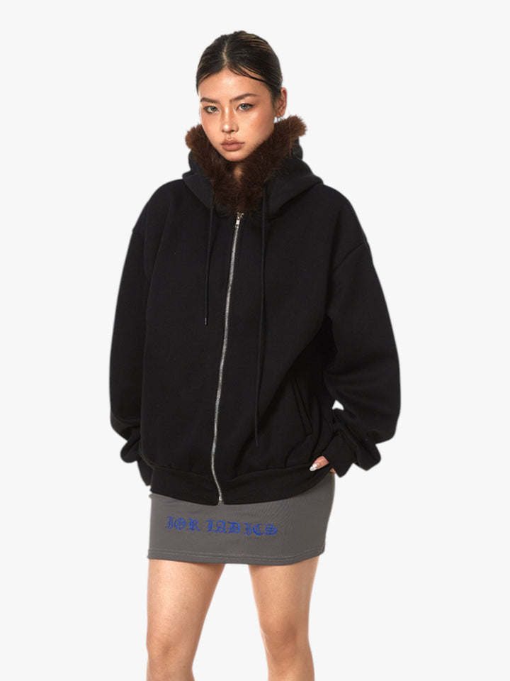 GKIKZ RETRO FUR COLLAR HOODED CARDIGAN