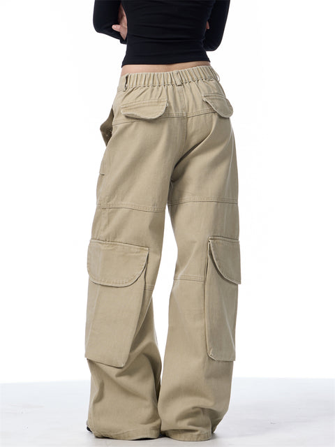 GKIKZ SYMMETRIC PLEATED WORKWEAR MULTI-POCKET BAGGY PANTS