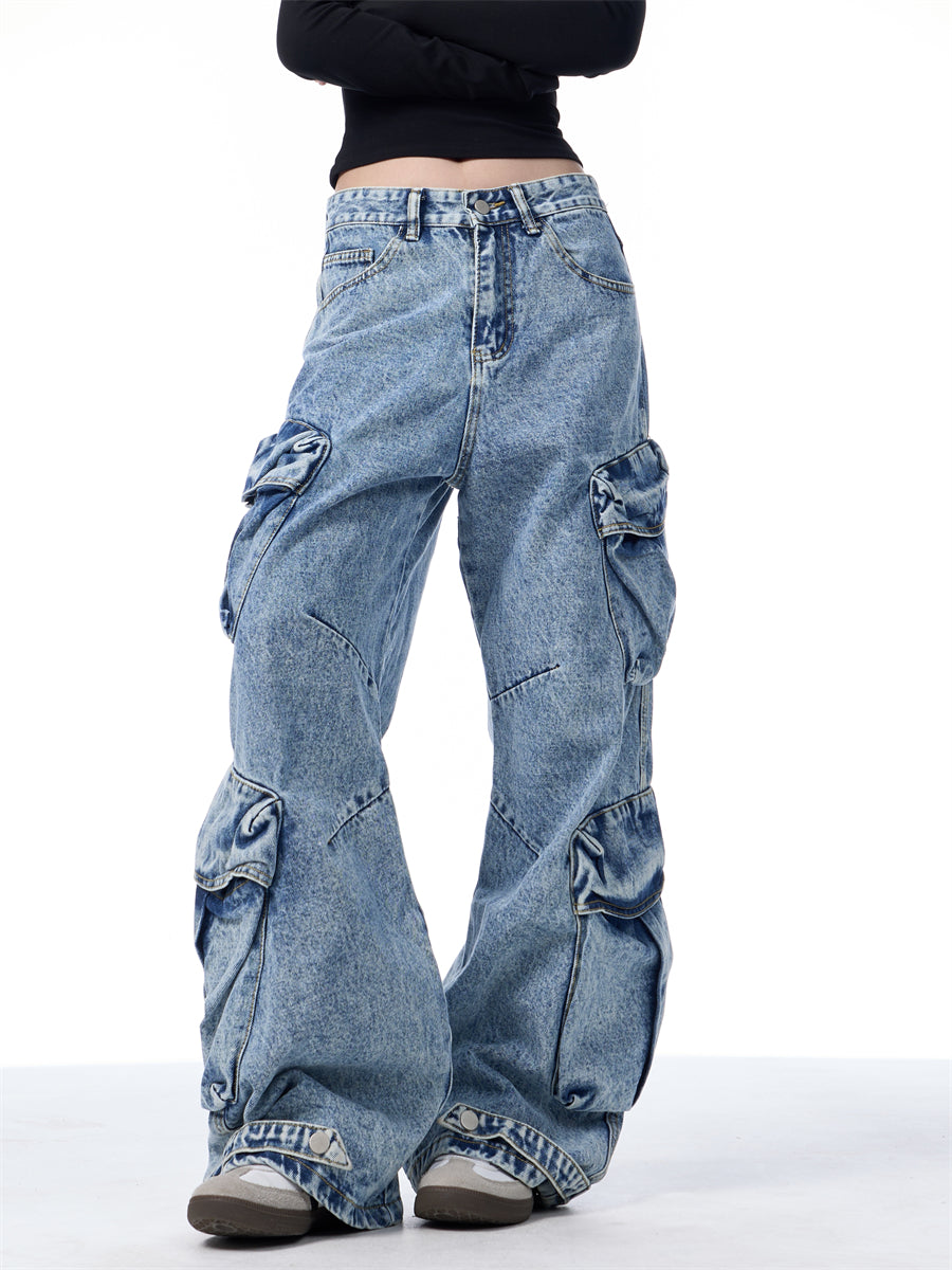 GKIKZ MULTI-POCKET HEAVY DENIM WIDE-LEG PANTS