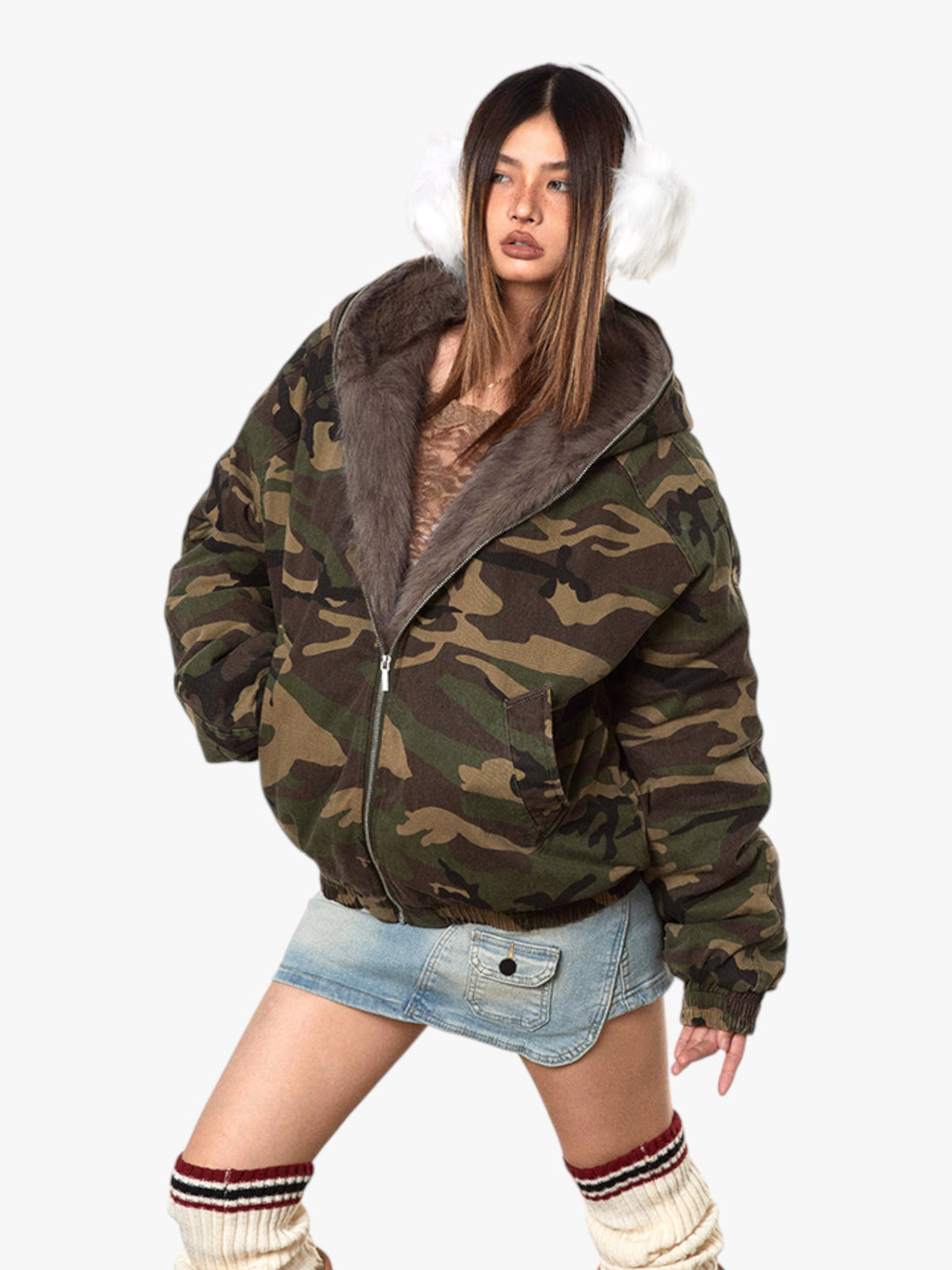 GKIKZ MOUNTAIN CARVING THICK COTTON PADDED FUR COLLAR JACKET