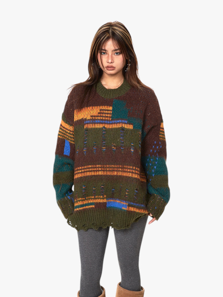 GKIKZ RETRO DISTRESSED CONTRAST OVERSIZED SWEATER