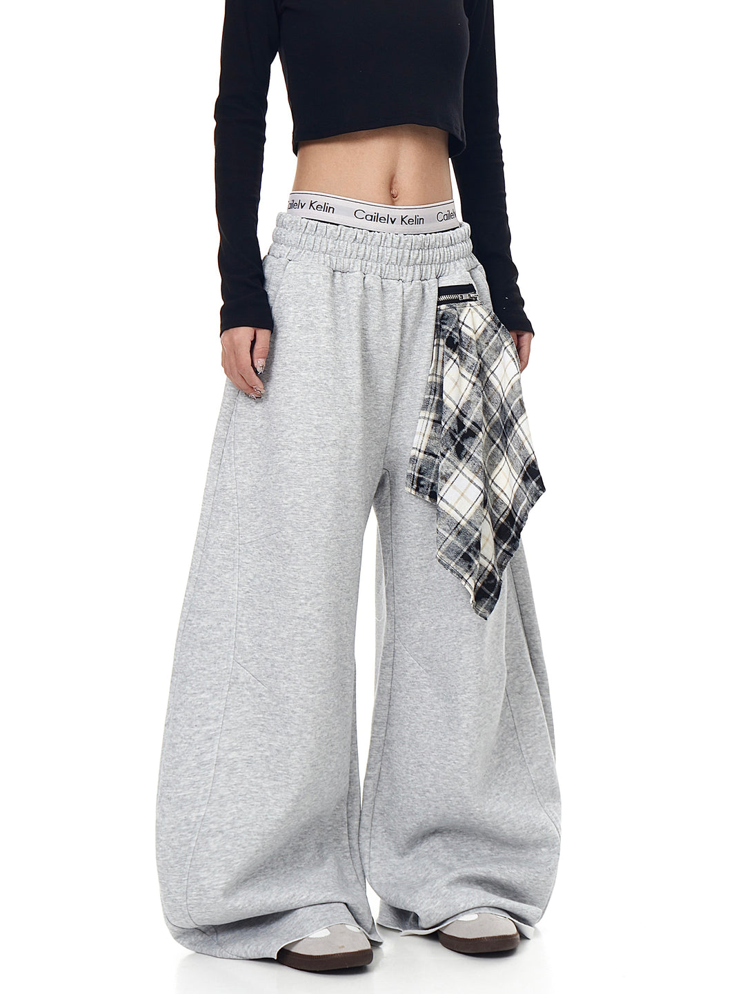GKIKZ DETACHABLE PLAID SCARF LOOSE WIDE-LEG PANT