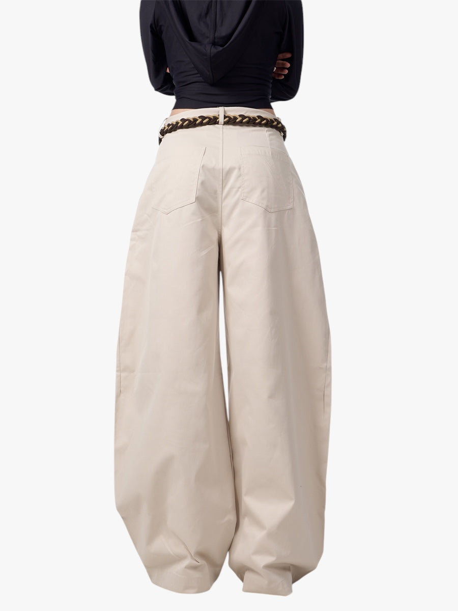 GKIKZ RETRO MATCHET ROPE BELT WIDE-LEG LOOSE PANTS