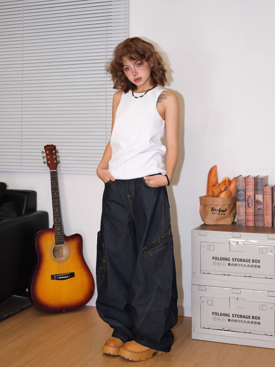 GKIKZ BIG POCKET LEOPARD PATCHWORK SCIMITAR BAGGY JEANS