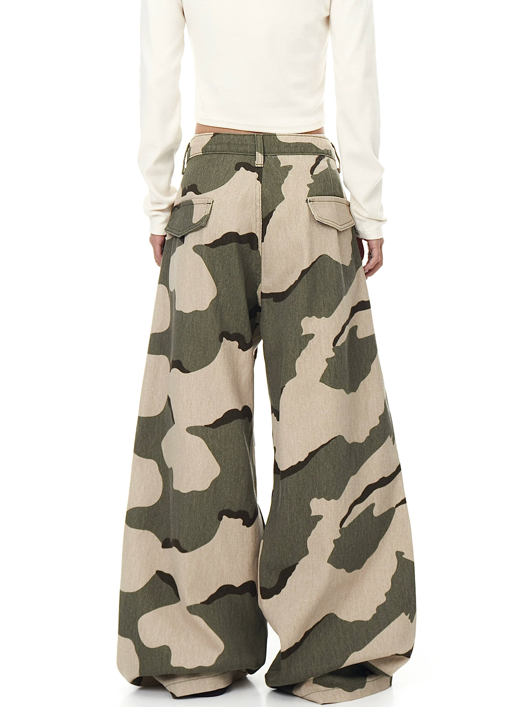 GKIKZ URBAN DRAWSTRING PLEATED CAMO WAVE WIDE-LEG PANTS