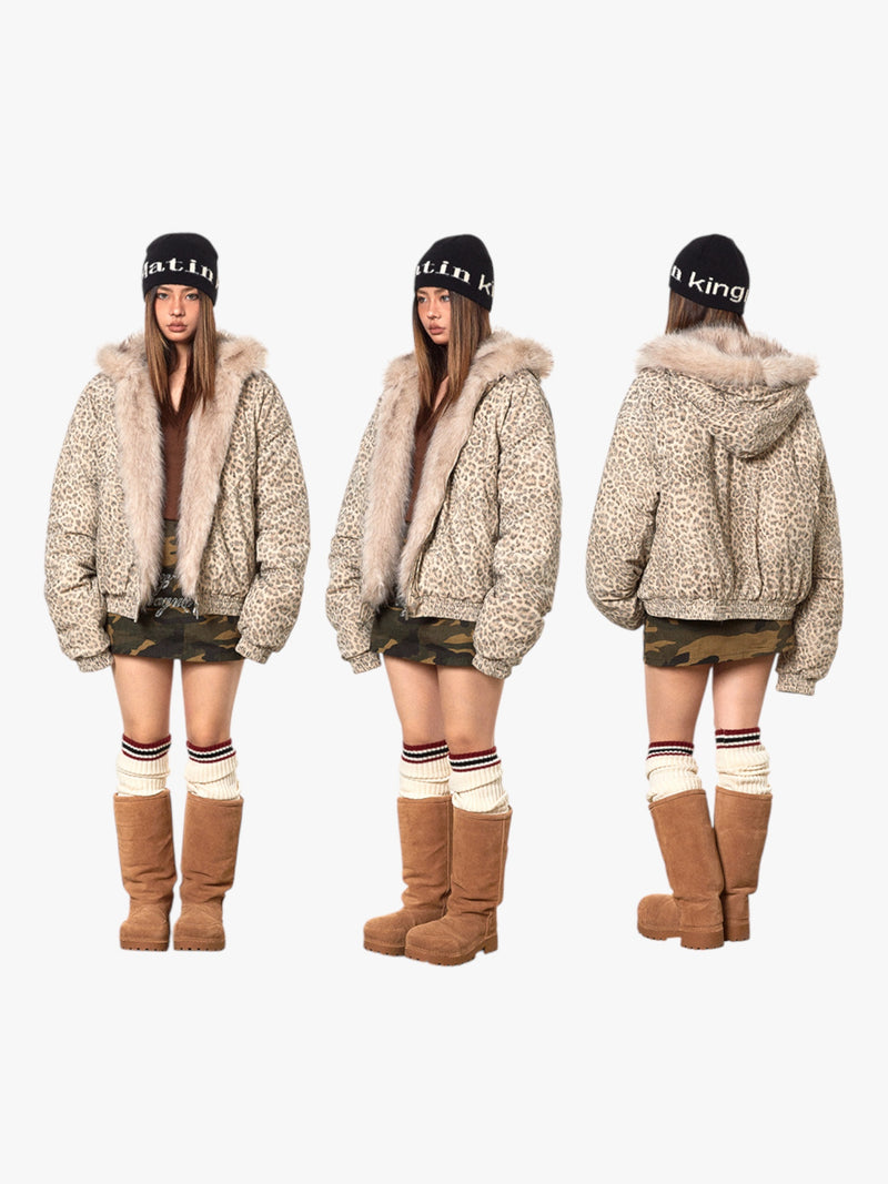 Luxurious Leopard Print Faux Fur Hooded Jacket