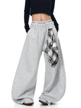 Detachable Plaid Scarf Loose Wide-Leg Pant