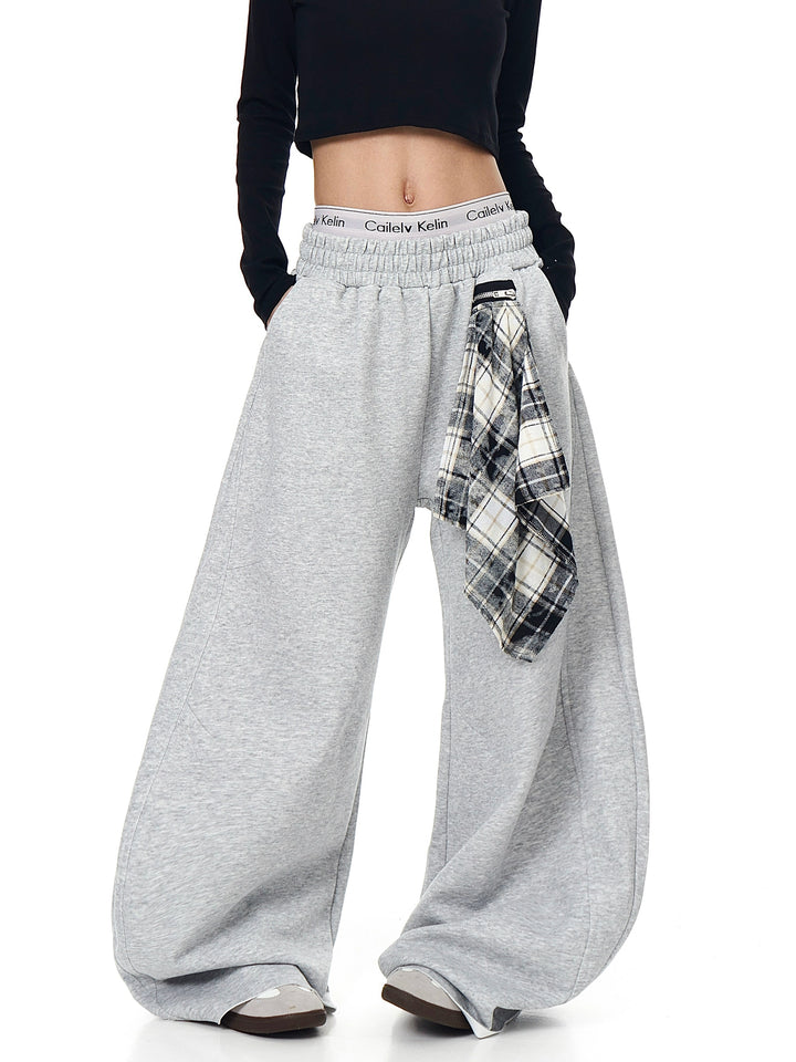 GKIKZ DETACHABLE PLAID SCARF LOOSE WIDE-LEG PANT