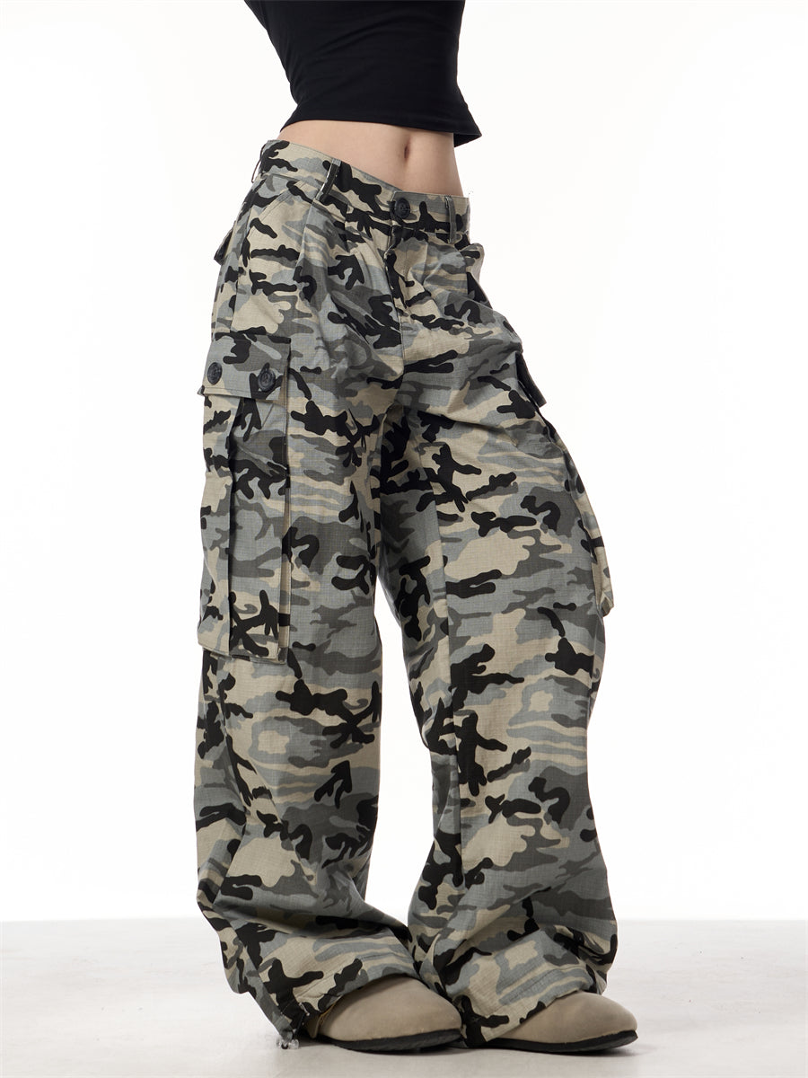 GKIKZ CAMOUFLAGE BIG POCKET LOOSE WIDE-LEG PANTS