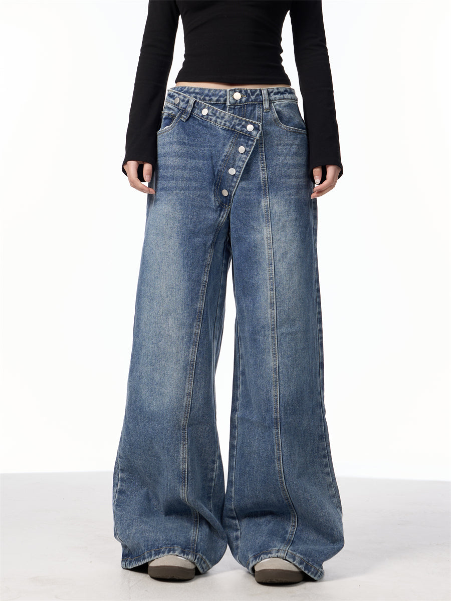 GKIKZ ASYMMETRICAL BUTTON-UP WIDE-LEG JEANS