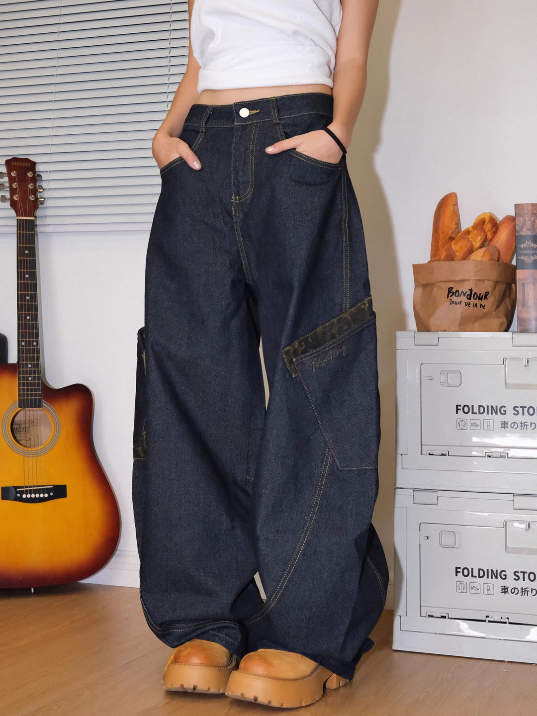 GKIKZ BIG POCKET LEOPARD PATCHWORK SCIMITAR BAGGY JEANS