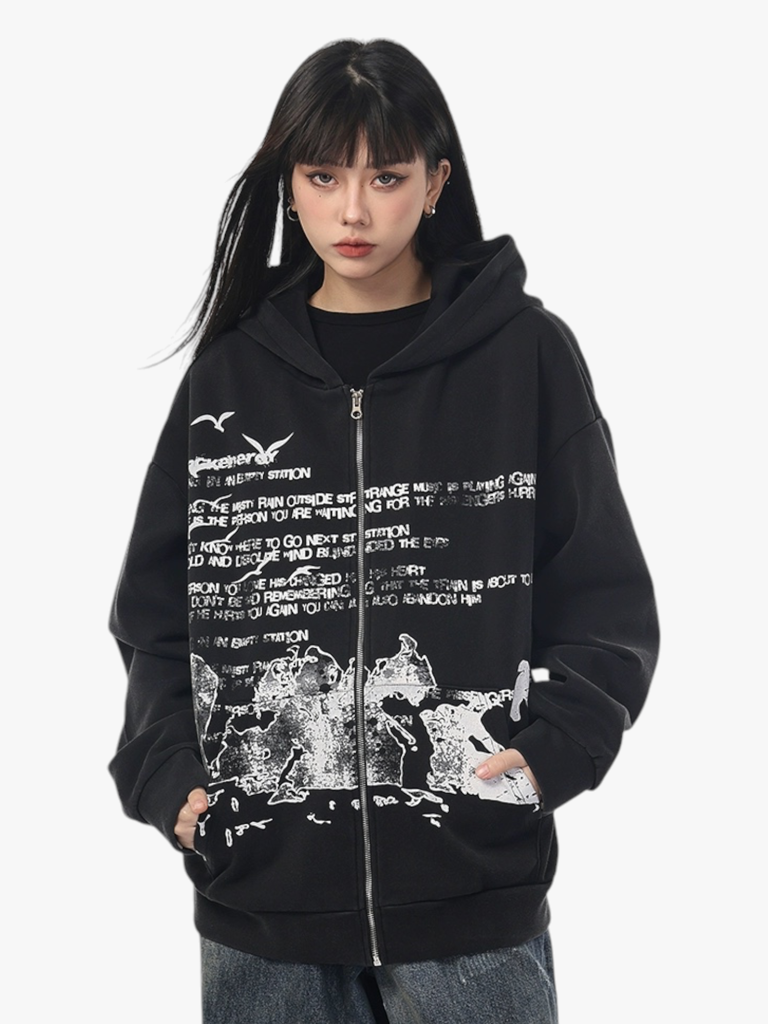 [HOLIDAY RESTOCK] GKIKZ RETRO DISTRESSED BLACK-ENERGY ZIPPER HOODIE