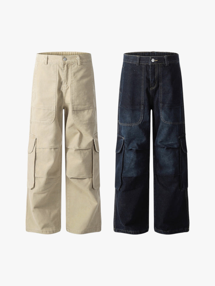 GKIKZ SYMMETRIC PLEATED WORKWEAR MULTI-POCKET BAGGY PANTS