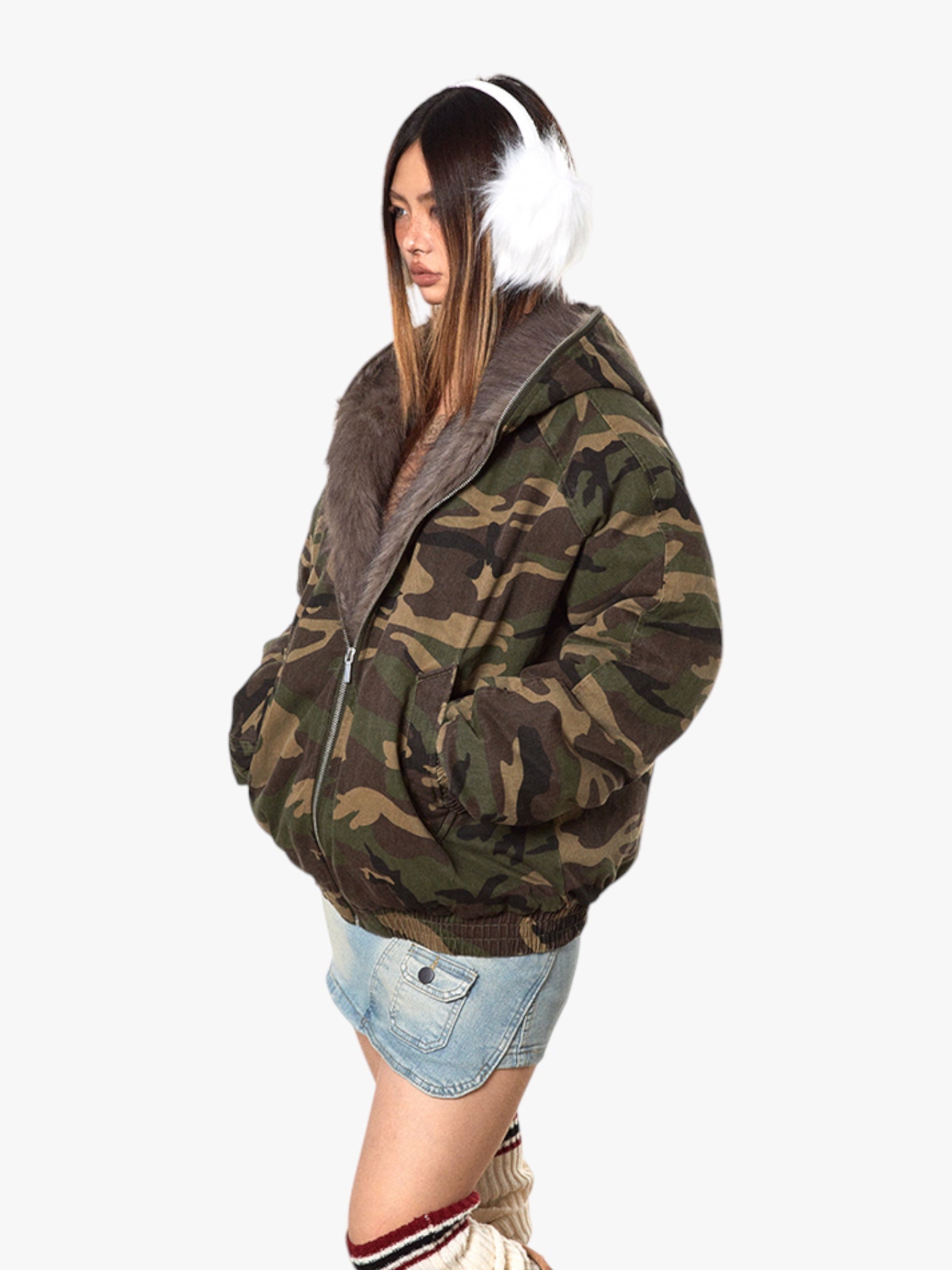 Mountain Carving Thick Cotton Padded Fur Collar Jacket