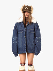 GKIKZ DETACHABLE FUR HEAVY DENIM JACKET