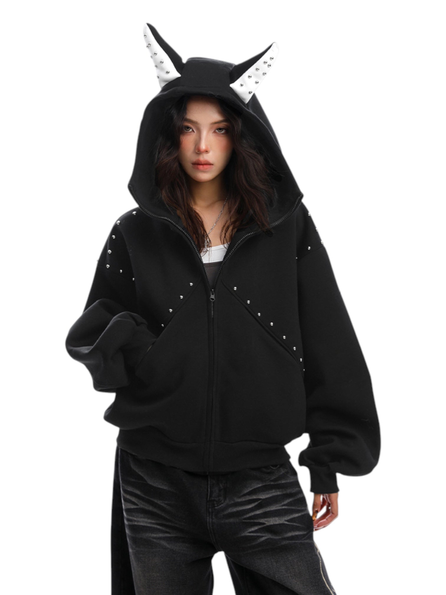 Studded Devil Horn Hoodie - Premium Cotton Zip-Up