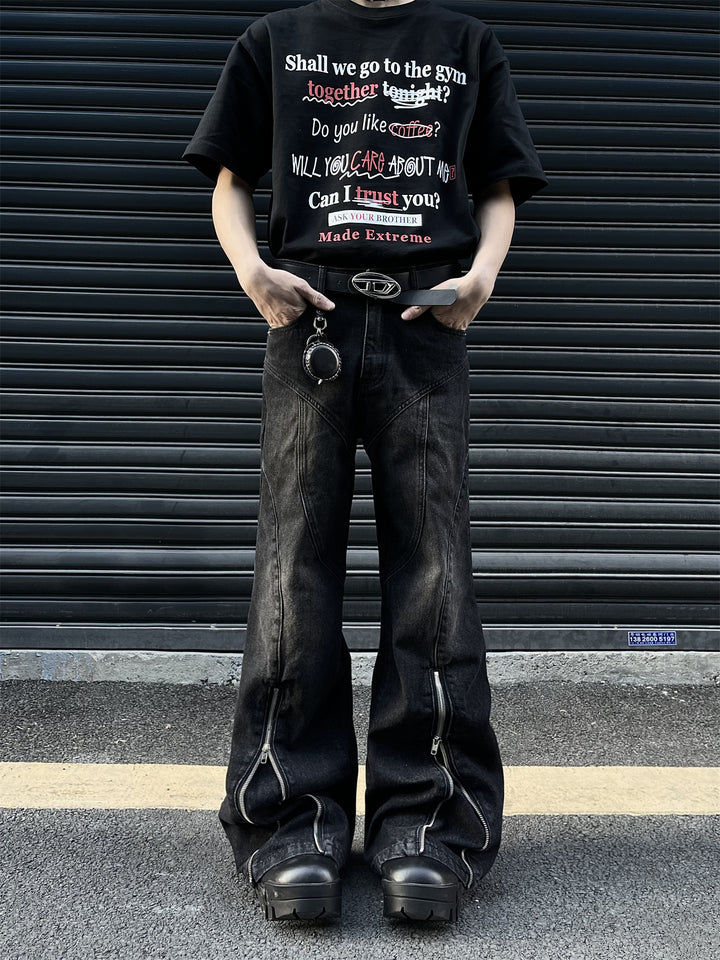 Mid-Zipper Slightly Flared Baggy Denim Jeans