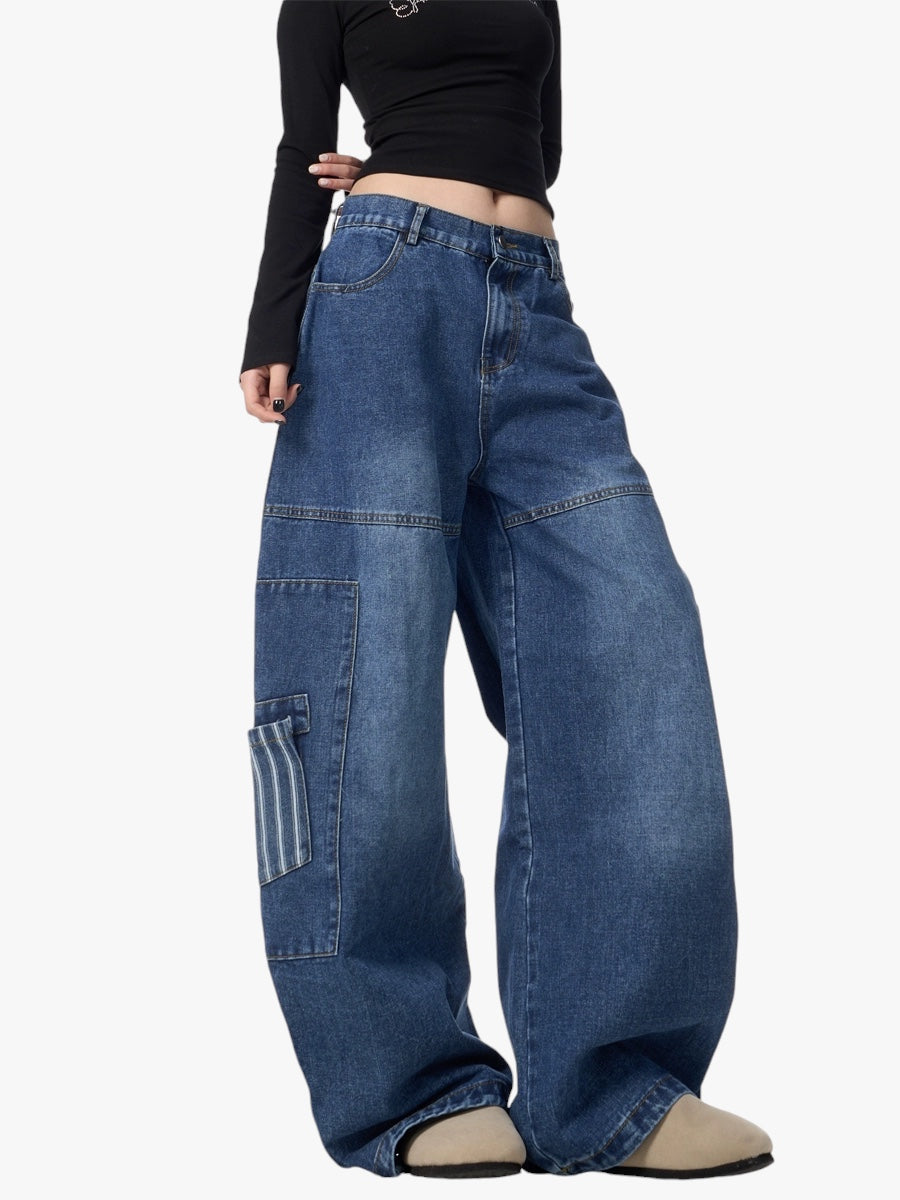 GKIKZ BIG STRIPES POCKET SCIMITAR BAGGY JEANS