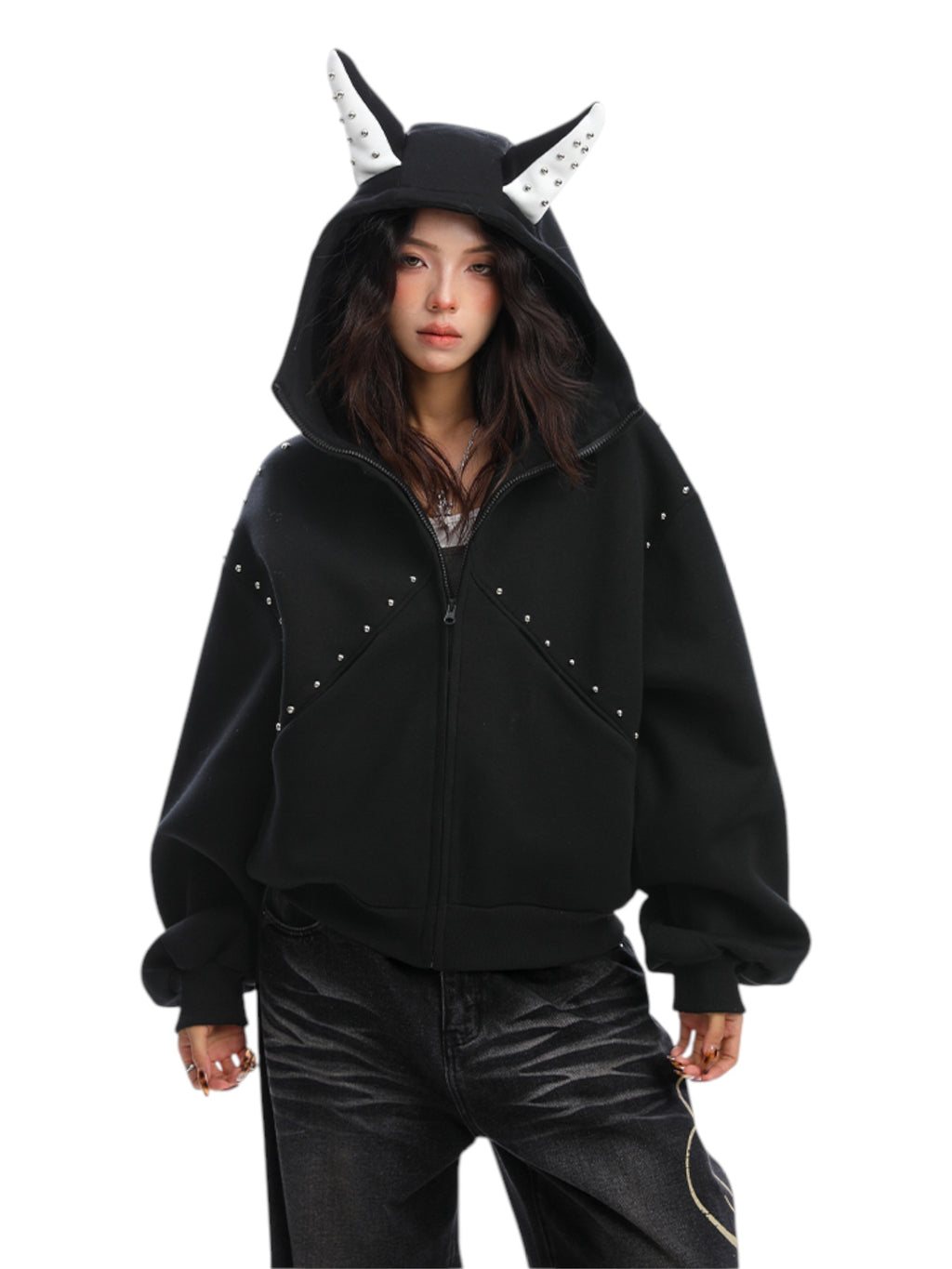 Studded Devil Horn Hoodie - Premium Cotton Zip-Up